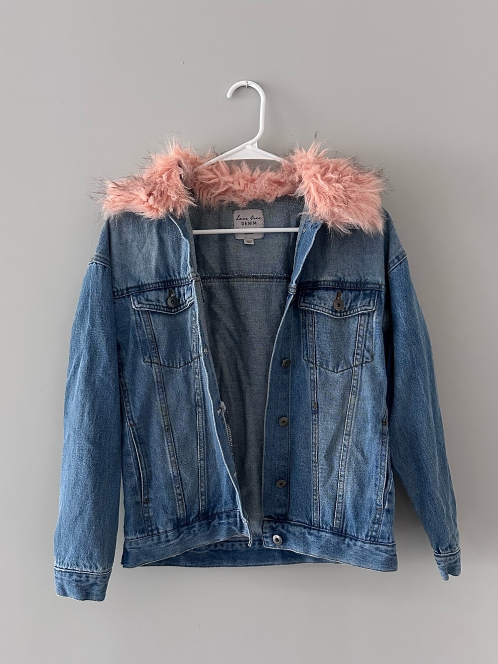 Denim Jacket with Detachable Pink Faux Fur Hood Trim